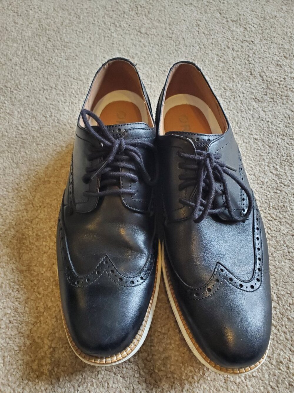 Cole Hahn Black Leather Short Wingtip Oxfords White Sole Men's 10.5